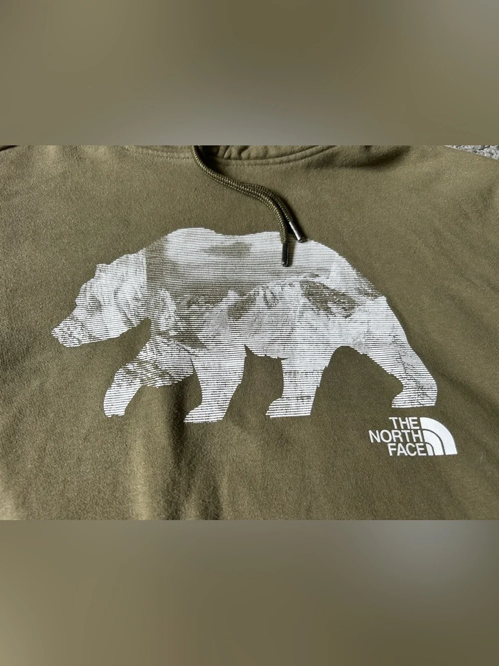 The North Face Olive Green Hoodie White Bear Graphic Sleeve Logo L